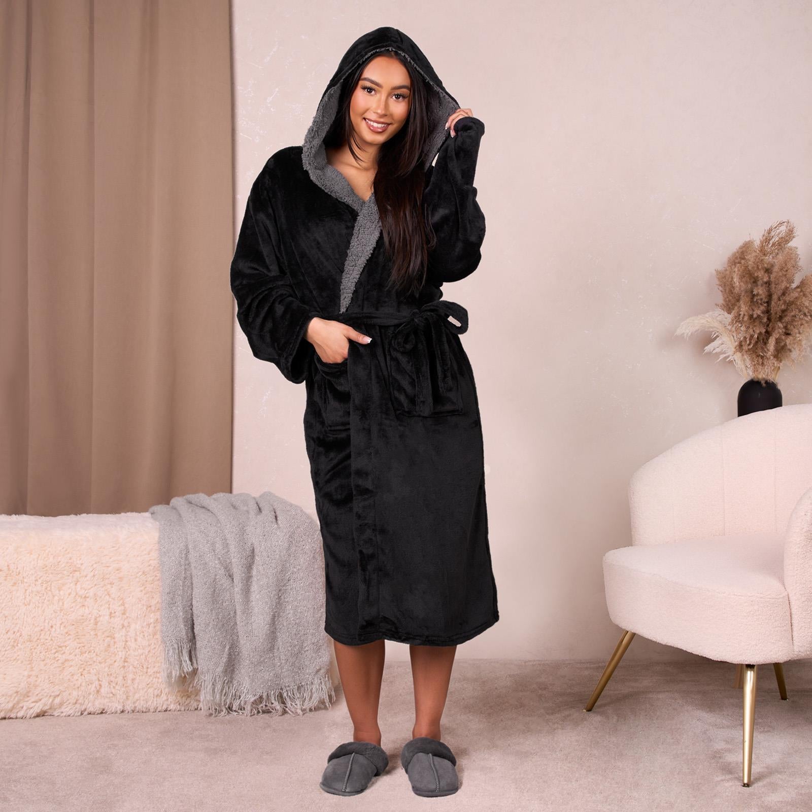 OHS Flannel Dressing Gown Soft Fleece Adults Unisex Thermal Winter Bathrobe